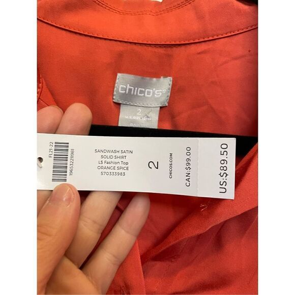 Chicos SANDWASH SATIN SHIRT LS Fashion Top ORANGE SPICE NWT size 12/14. - Picture 5 of 10